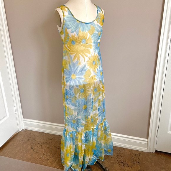 Vintage Dresses & Skirts - Vintage 70s Sheer Lurex Floral Empire Waist Tank Maxi Long Ruffle Dress - 6/8, S